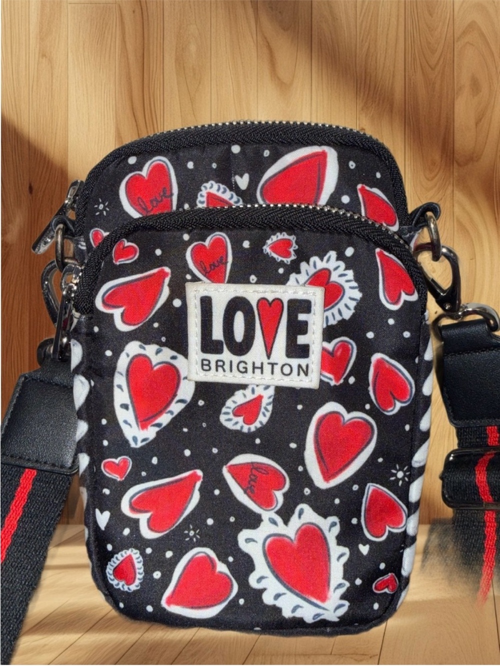 Brighton Black Crossbody Bag with Red and White Hearts - Picture 7 of 7